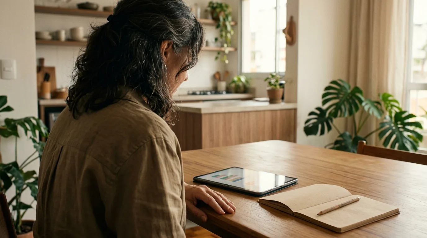 Mulher sentada à mesa da cozinha analisando gráficos em um tablet ao lado de um caderno, comparando o rendimento líquido do CDB