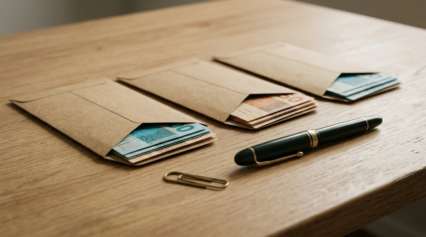 Três envelopes de papel kraft com cédulas de real lado a lado sobre a mesa, ideia de dividir o dinheiro entre bancos dentro do limite do FGC