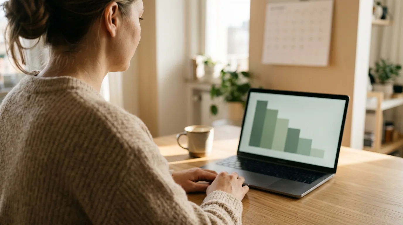 Mulher em casa olhando no notebook um gráfico de barras que diminuem, com calendário na parede ao fundo