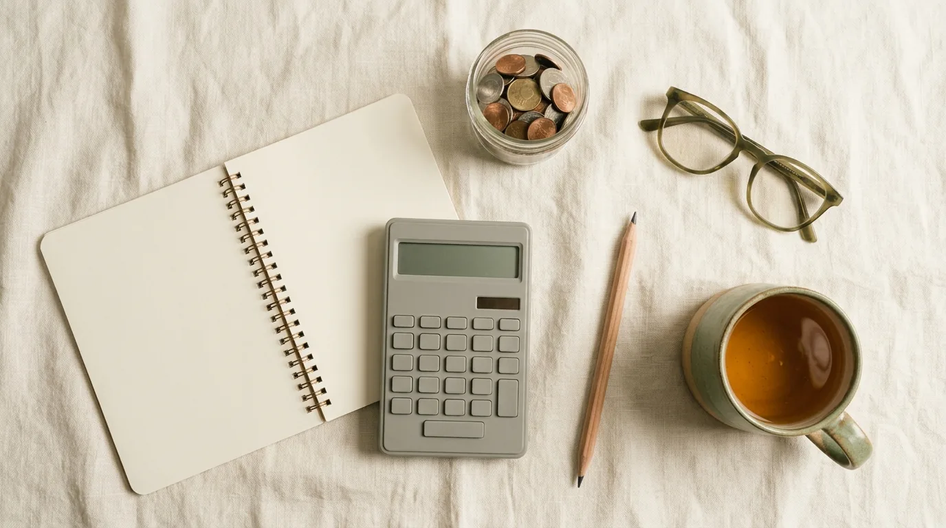 Calculadora, caderno aberto, lápis, pote de moedas, óculos e xícara de chá sobre toalha de linho