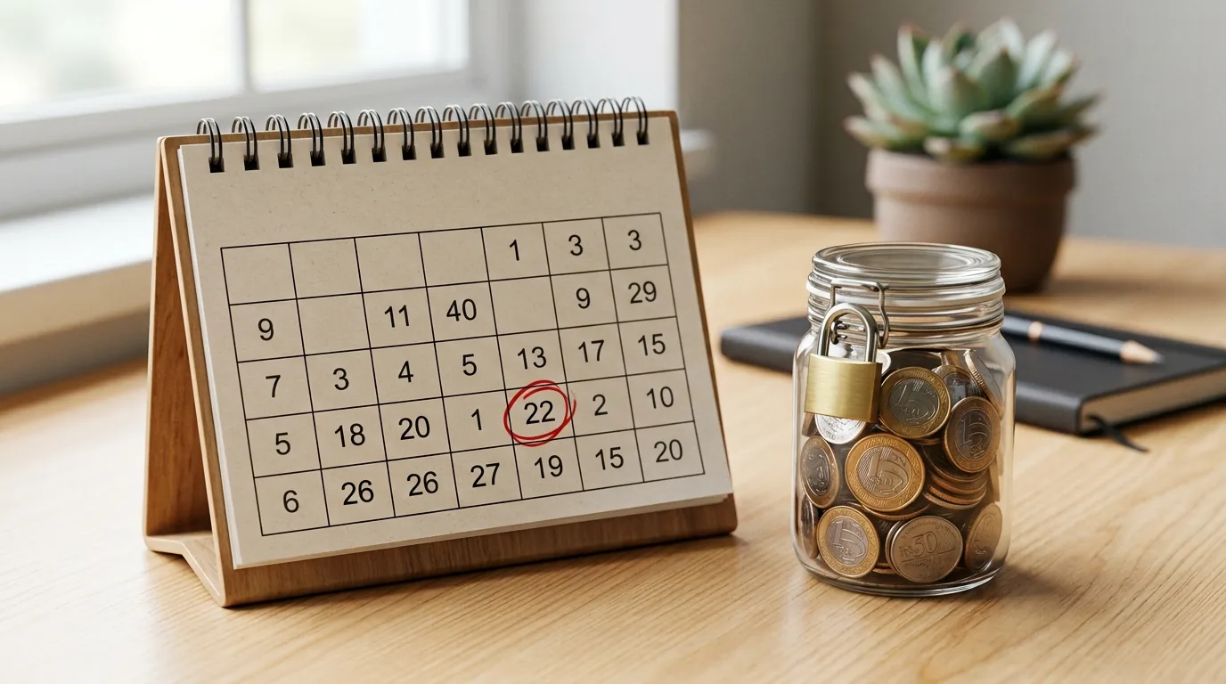 Calendário com uma data futura circulada ao lado de um pote de moedas de real com cadeado, representando o prazo de vencimento